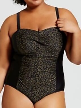 NWT Ava & Viv 1 Piece Swimsuit Black/Brown Animal Print 16W Tummy Control